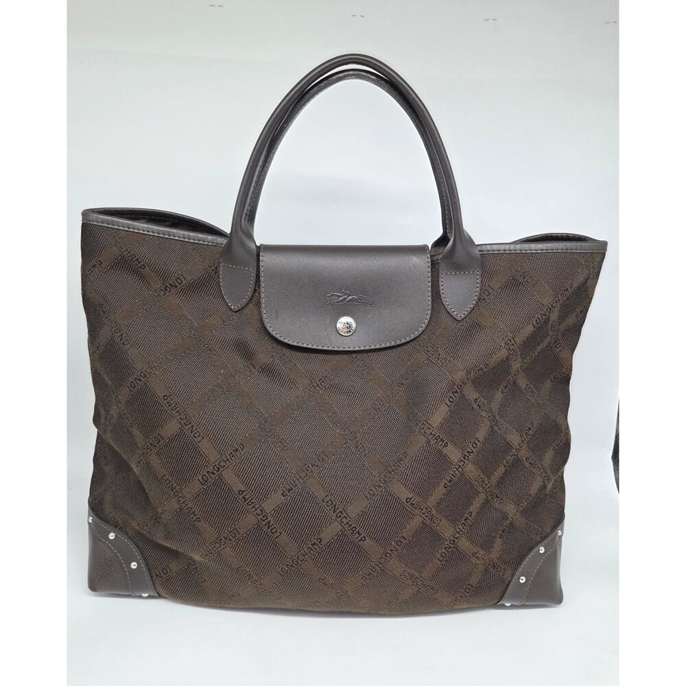 Longchamp Calvalcade Canvas Bag Brown All Over Logo Leather Detail Studs